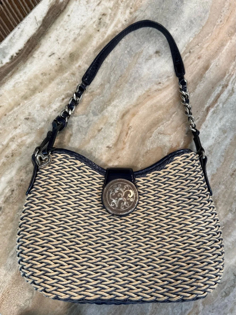 Vintage BRIGHTON Jani navy and cream woven summer charm shoulder handbag